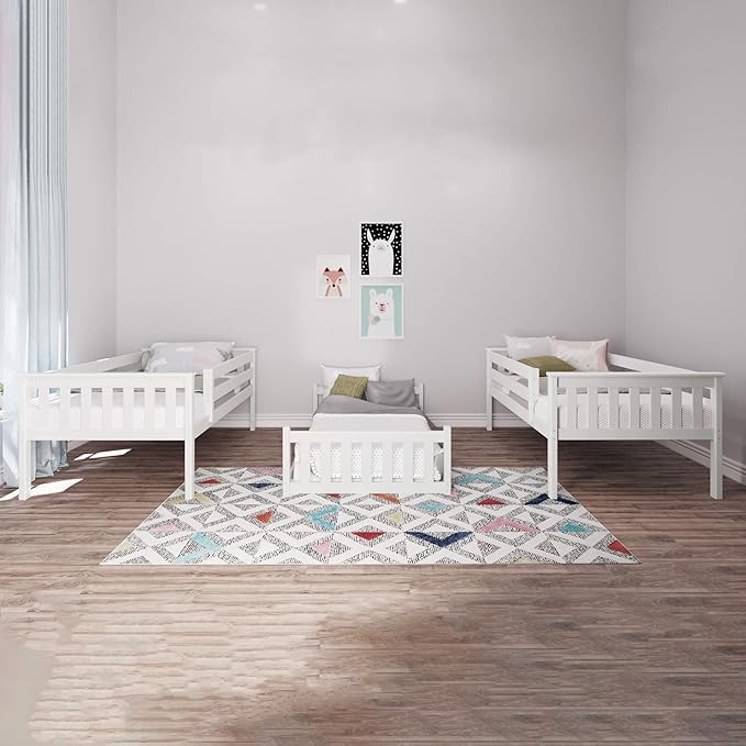 Max & Lily Triple Twin Bunk Bed, Solid Wood Bed Frame For Kids, No Box Spring Needed, Easy Assembly, White