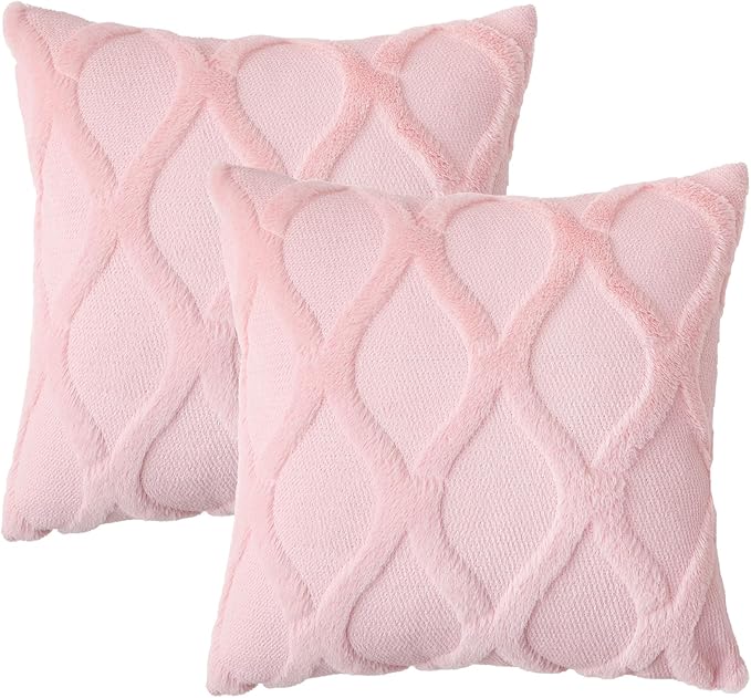 decorUhome Throw Pillow Covers 16x16 Inch Set of 2, Soft Plush Faux Fur Wool Light Pink Couch Pillow Covers, Decorative Neutral Pillow Cases for Bed Sofa Living Room Home Decor