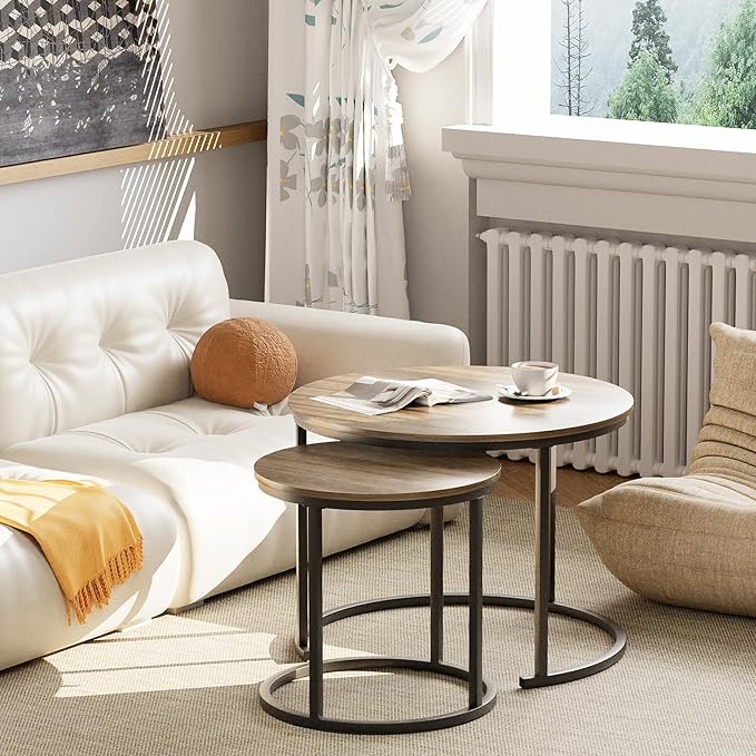 aboxoo Coffee Table Nesting Side Round Table Set of 2 End Table with Sturdy Metal Frame for Living Room Bedroom Apartment Modern Industrial Simple Nightstand,Oak