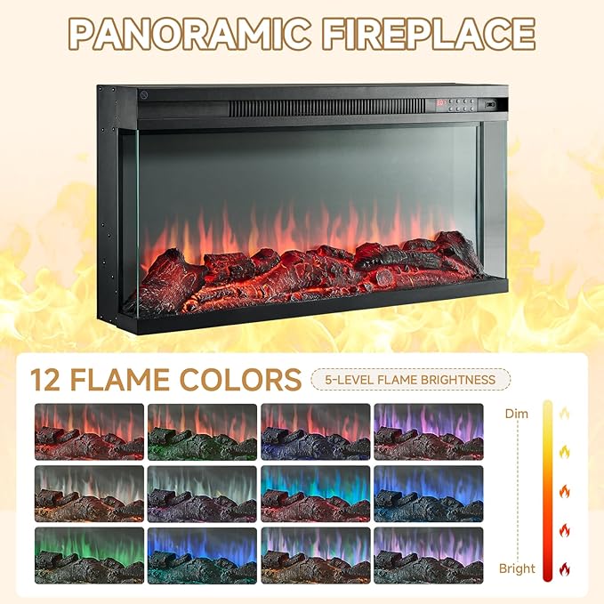 ROCKPOINT 3 Sided Glass 70" Fireplace TV Stand for TVs up to 80", Media Entertainment Center with Glass Door Storage Cabinet for Living Room,36" Electric Fireplace & Adjustable LED Light,Grey