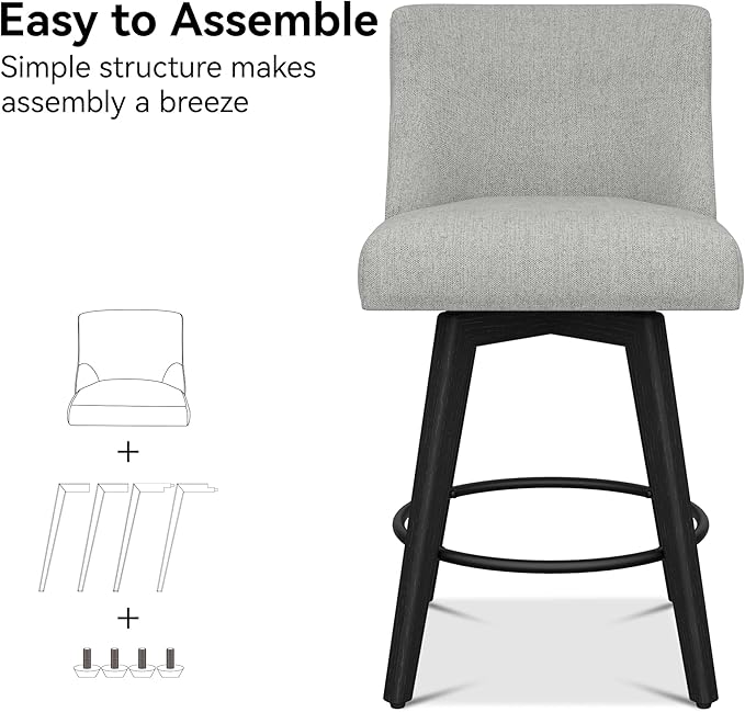 Counter Height Bar Stools Set of 4, Modern Swivel Barstools with Back and Wood Legs, Linen Fabric Upholstered Bar Chairs, 26" H Kitchen Counter Stools, Kitchen Island Home Bar, Light Grey