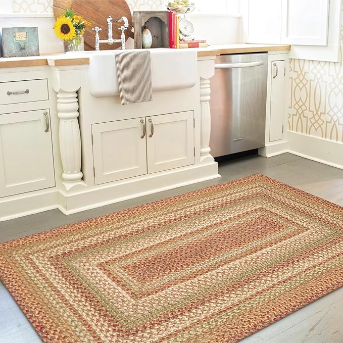 Homespice Harvest Premium Jute Braided Area Rug, 2x6' Rectangular Hall Runner Beige - Tan - Red, Natural Jute Yarn Rustic, Country, Primitive, Farmhouse Style - 30 Day Risk Free Purchase