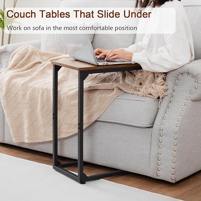 AMHANCIBLE C Shaped End Table, Slide Under Couch Table for Sofa, TV Tray Snack Table, Small Side Table for Small Space, Living Room, Brown HET02CBR1