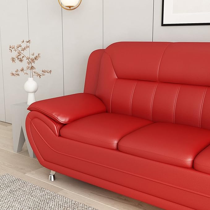 Container Furniture Direct Michael Modern Faux Leather Upholstered Stainless Steel Legs Living Room Sofa, Red