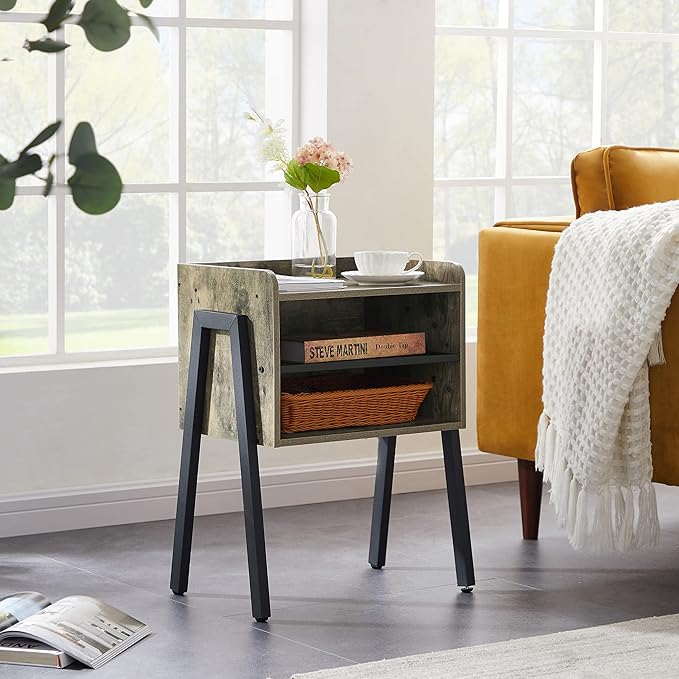 VECELO Nightstand Industrial Side End Table/Stackable Accent Furniture with 2-Tier Open Storage Compartments for Bedroom, Living Room and Small Spaces