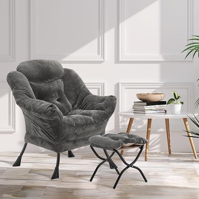 Fabric Lazy Chair with Ottoman, Oversized Upholstered Sofa Chair for Adults, Plush Comfy Lounge Chair with Large Side Storage Pocket, Reading Chair for Living Room, Bedroom, Office, Dark Gray