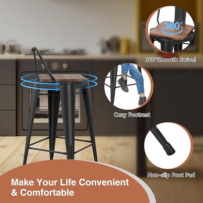 24 Inch Swivel Bar Stools Set of 2 with Backs Counter Height Industrial Metal Barstools Island Bar Chairs for Home Kitchen Dining Room (Swivel 24 inch,Matte Black Wooden)