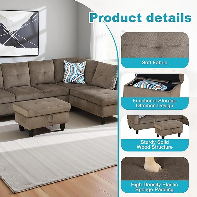 Couches for Living Room Modern L Shaped Couch Comfy Velvet Fabric 3 Pieces Sectional Sofa with Chaise, Ottoman with Storage for Office and Small Apartment, Brown Pineapple