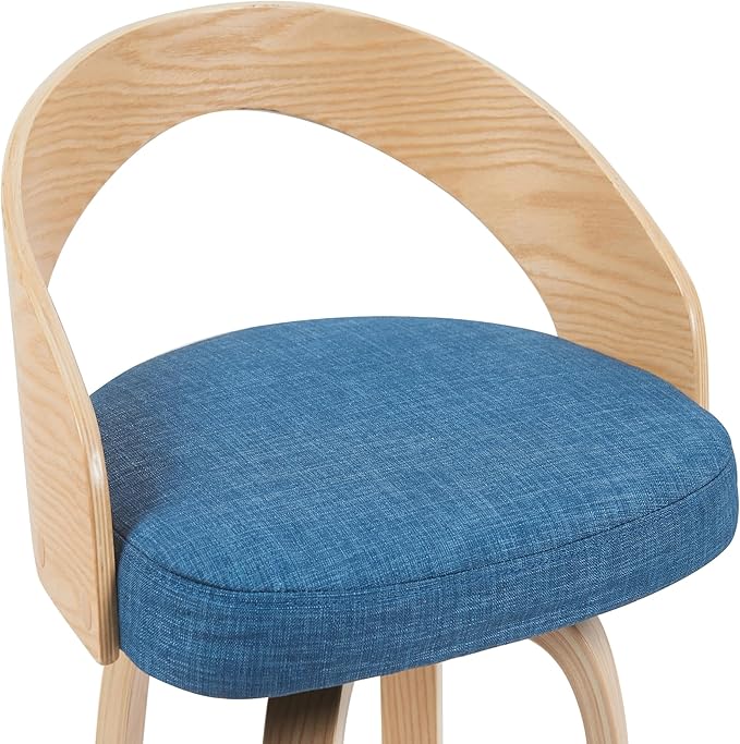 Sonia Modern Swivel Bar Height Stool with Blue Upholstered Seat and Patterned Oak Wood Finish Set of 3