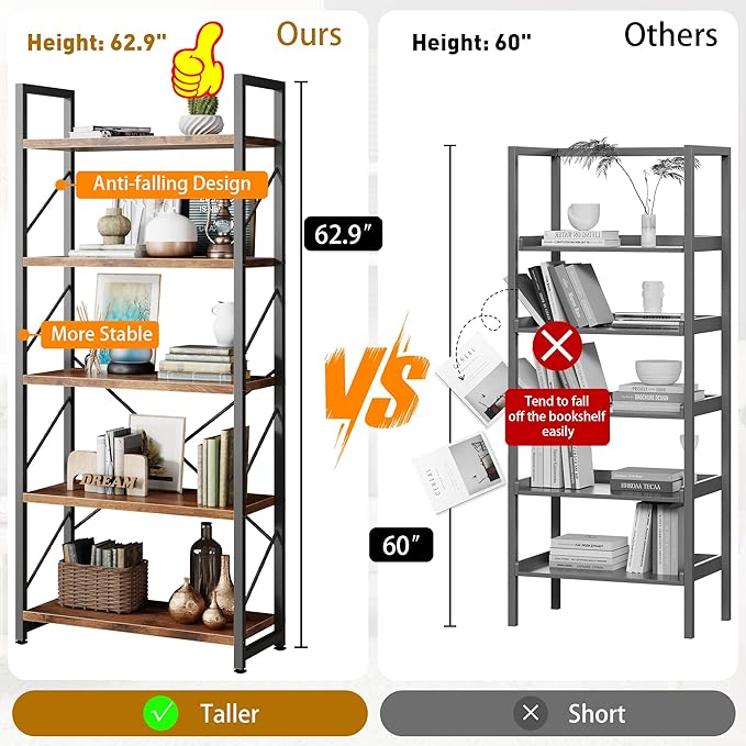 Shintenchi 5 Tiers Bookshelf, Classically Tall Bookcase Shelf, Industrial Book Rack, Modern Book Holder in Bedroom/Living Room/Home/Office, Storage Rack Shelves for Books/Movies-Rustic Brown