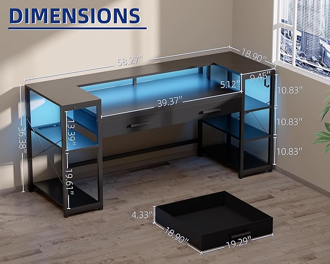Pamray 58 Inch Computer Desk with Monitor Stand and Shelves Gaming Desk with LED Lights & Power Outlets PC Vanity Table with 2 Drawers for Home Office Pink
