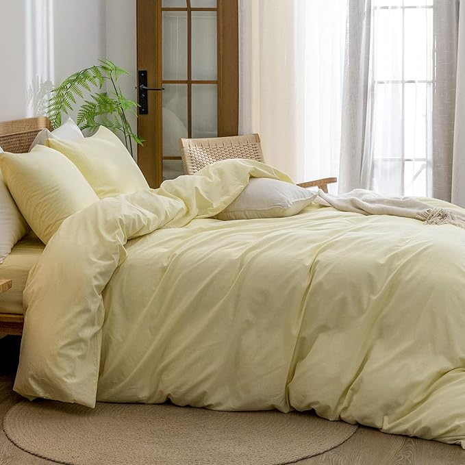 BESTOUCH Duvet Cover Set 100% Washed Cotton Linen Feel Super Soft Comfortable Chic Lightweight 3 PCs Home Bedding Set Solid Light Yellow Queen