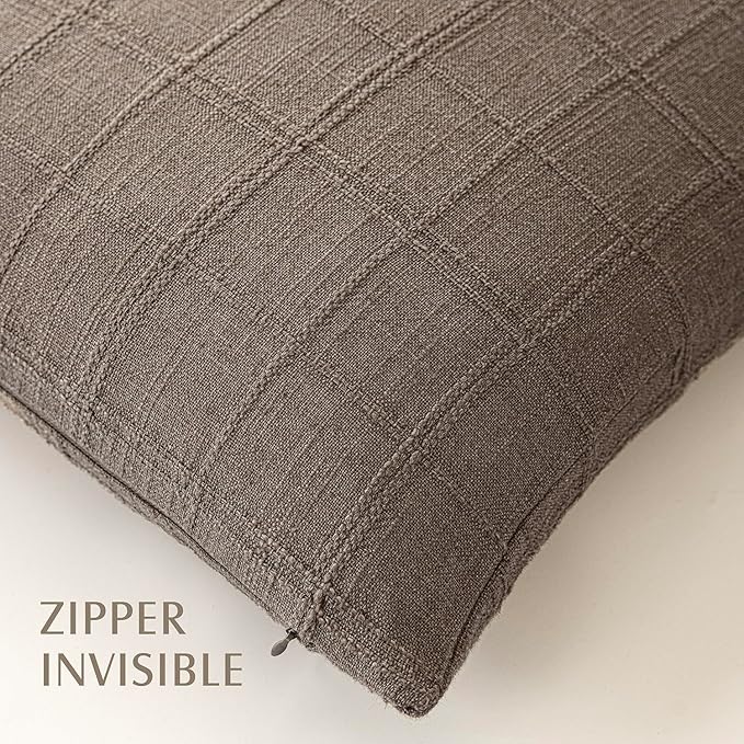 Foindtower Set of 2 Decorative Linen Check Throw Pillow Covers Neutral Farmhouse Vintage Cushion Covers Modern Boho Home Decor for Sofa Chair Couch Bedroom Living Room Outdoor,16×16 Inch,Taupe Grey