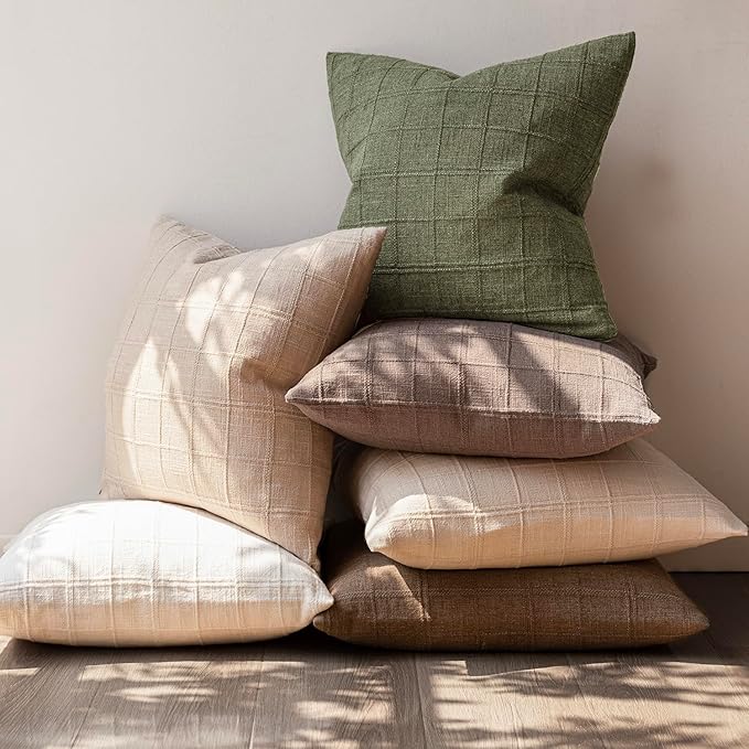 Foindtower Set of 2 Decorative Linen Check Throw Pillow Covers Neutral Farmhouse Vintage Cushion Covers Modern Boho Home Decor for Sofa Chair Couch Bedroom Living Room Outdoor,22×22 Inch,Sage Green