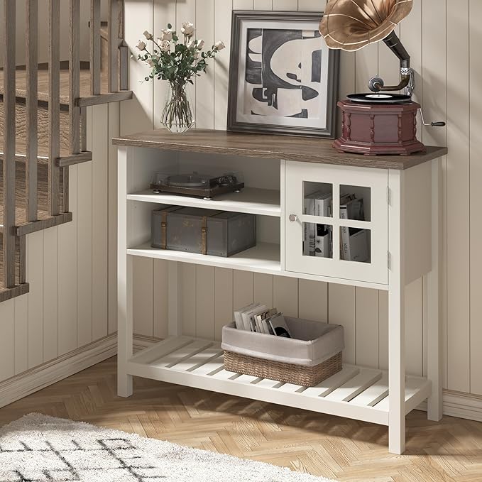 ChooChoo Farmhouse Coffee Bar Cabinet, Buffet Cabinet with Storage, Sideboard Buffet with Glass Door, Console Table for Kitchen, Hallway, Entrance, White