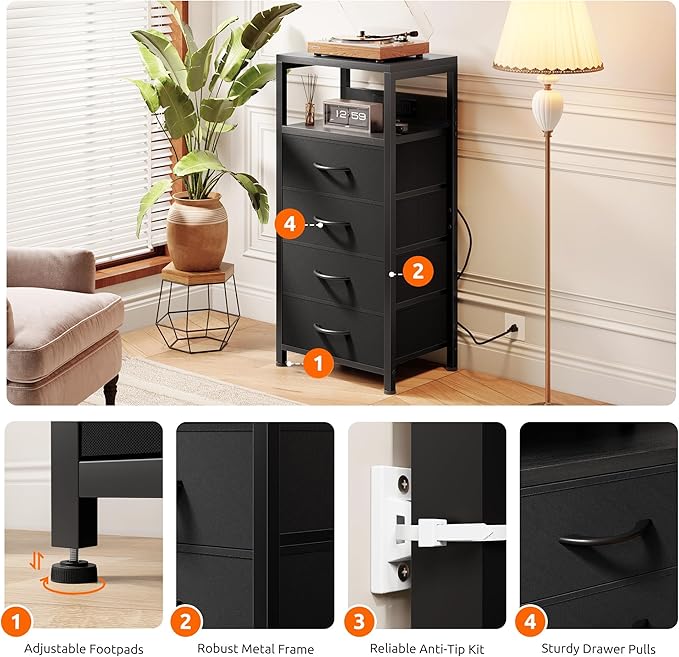 NightStand Bedside Charging Table Bedroom - Black Night Stand with Charger Station, Modern Bed Side End Table with Open Shelf & 4 Fabric Drawers, USB-C USB Ports & AC Outlets for Dorm Living Room