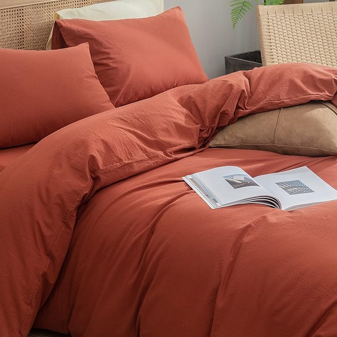 BESTOUCH Duvet Cover Set 100% Washed Cotton Linen Feel Super Soft Comfortable Chic Lightweight 3 PCs Home Bedding Set Solid Burnt Brick Red Queen
