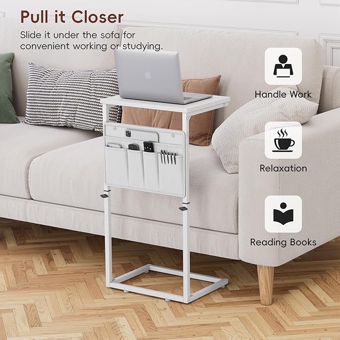 Vagusicc C Shaped End Table, 33" Tall Side Table for Couch, Adjustable Height Small Couch Side Table for Small Spaces, C Table End Table Slide Under Sofa Table TV Tray for Living Room Bedroom, White