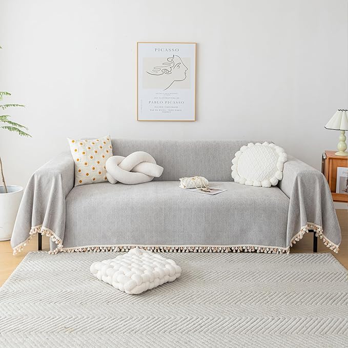 HANDONTIME Grey Sofa Cover for Couch Boho Couch Cover for 3 Seat Dog Couch Cover Love Seat Couch Covers Light Grey Sofa Sectional Cover 71" X134" Tassel Chenille Herringbone Sofa Covers Washable