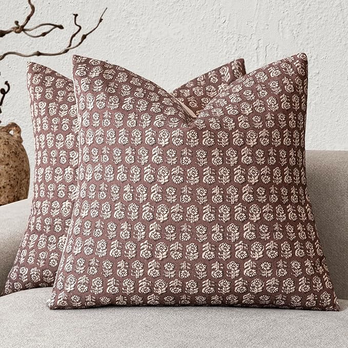 Foindtower Set of 2 Decorative Vintage Floral Print Throw Pillow Covers Neutral Modern Farmhouse Cushion Covers Boho Home Decor for Sofa Couch Chair Bedroom Living Room Outdoor,22×22 Inch,Wine Red
