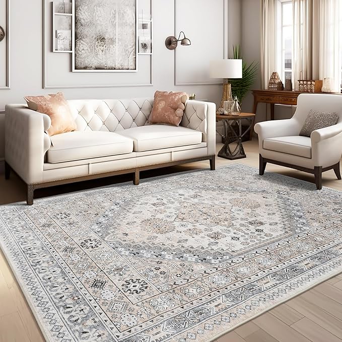 zesthome 7x9 Area Rug, Super Soft Washable Rugs for Living Room, Non-Slip Stain Resistant Vintage Rugs, Ultra-Thin Large Area Rugs (Beige,7'x9')