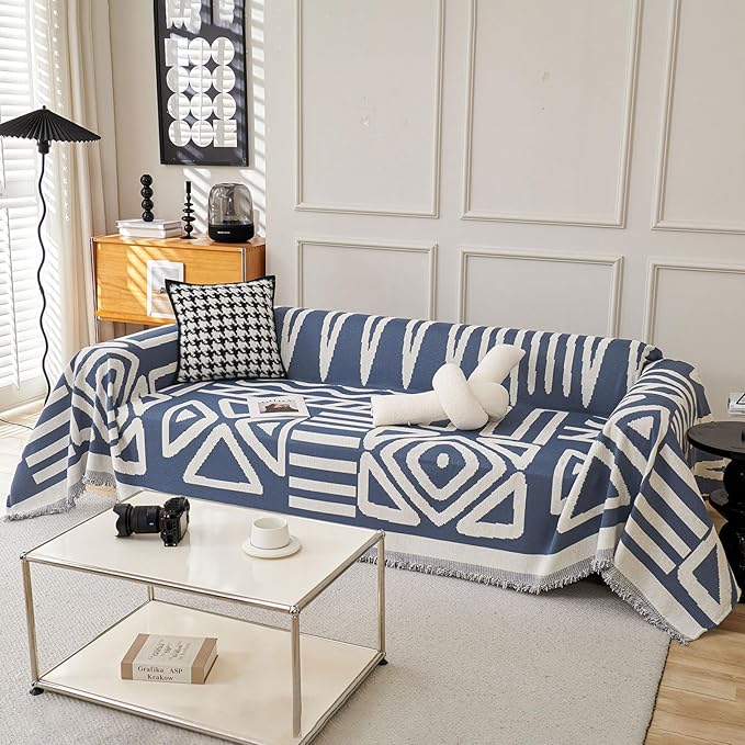 STACYPIK Thick Boho Couch Covers for Dog Cat, Modern Blue Triangle Sofa Cover for Living Room, Reversible Furniture Protector for 3 Cushion Couch, Anti Slip Jacquard Loveseat Covers for Sofa-71X118IN