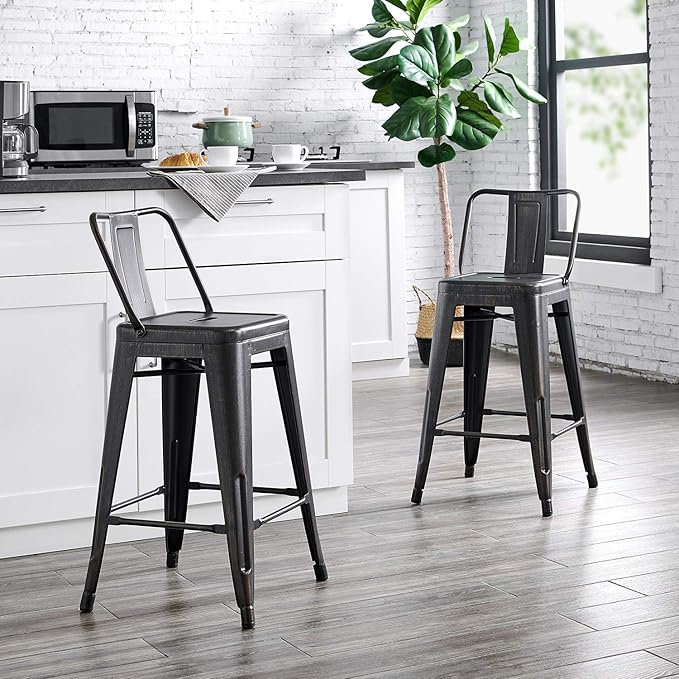 AC Pacific 24” Metal Barstool Set of 2 – Country Rustic Style with Low Back, Lightweight & Sturdy Build, Easy Assembly – Sanded Matte Midnight/Brushed Rusty Gold