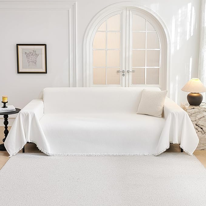 MYSKY HOME Couch Cover for Dogs Washable Couch Covers for 3 Cushion Couch Sofa Super Soft Sofa Slipcover Non Slip Sofa Cover, Chenille Sofa Covers for Dogs, Furniture Protector, 71"x150", White