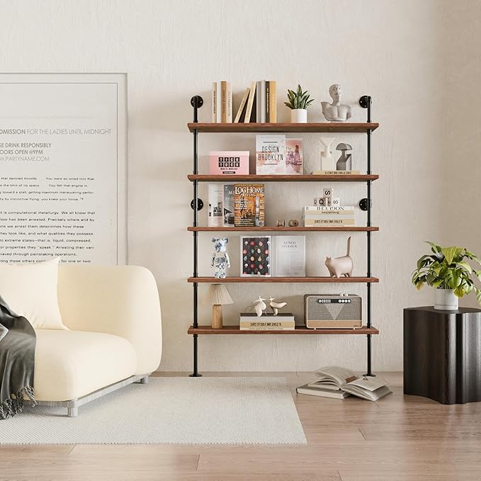 Industrial Ladder Shelves, Wall Mounted Rustic Bookshelf, Retro Wood Metal Pipe Industrial Shelves (Weathered Brown, 5 Tier - 10" D x 48" W x 70" H)