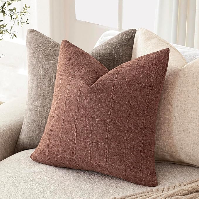 Foindtower Set of 2 Decorative Linen Check Throw Pillow Covers Neutral Farmhouse Vintage Cushion Covers Modern Boho Home Decor for Sofa Chair Couch Bedroom Living Room Outdoor,22×22 Inch,Autumnal Red