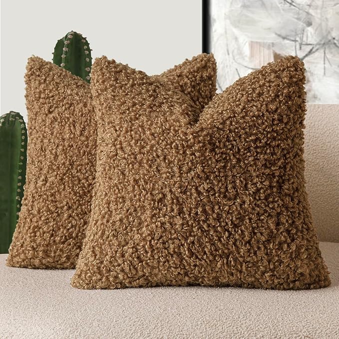 Foindtower 2 Pieces 22x22 Inch Dark Bronze, Faux Fur Throw Pillow Cover Accent Sherpa Furry Pillow Covers Fuzzy Soft Pillowcases Cozy Sheepskin Decorative Fleece Cushion Case for Bed Couch Living Room