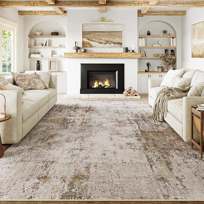 12x15 Washable Area Rug Brown Grey Abstract Neutral Living Room Bedroom Large Throw Rug Non Slip Soft Distressed Low Pile Indoor Floor Carpet for Kitchen Office Entryway