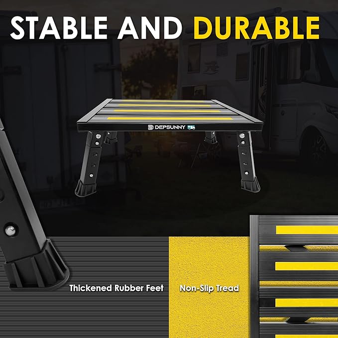 Adjustable Height Aluminum RV Step, Stable Foldable Platform Step Stool, Supports Up to 1,000 lb, Non-Slip Rubber Feet and Platform Mat, Easy to Carry (Black)
