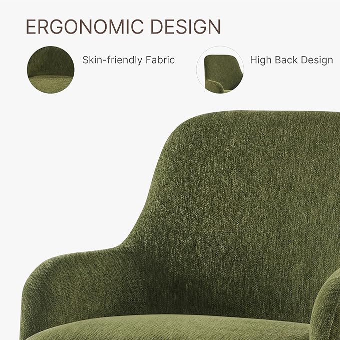 Swivel Dining Chair Set of 1, Mid Century Modern Chair Fabric Upholstered Armchair with Armrest & Ergonomic Backrest for Dining Room, Kitchen, Bedroom, Living Room, Green