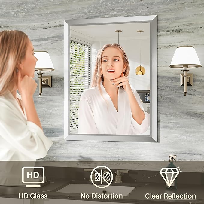 24x36 Inch Silver Bathroom Mirror for Wall, Thick Metal Framed Rectangle Mirrors for Over Sink, Bedroom, Living Room, Entryway, Anti-Rust, HD Tempered Glass