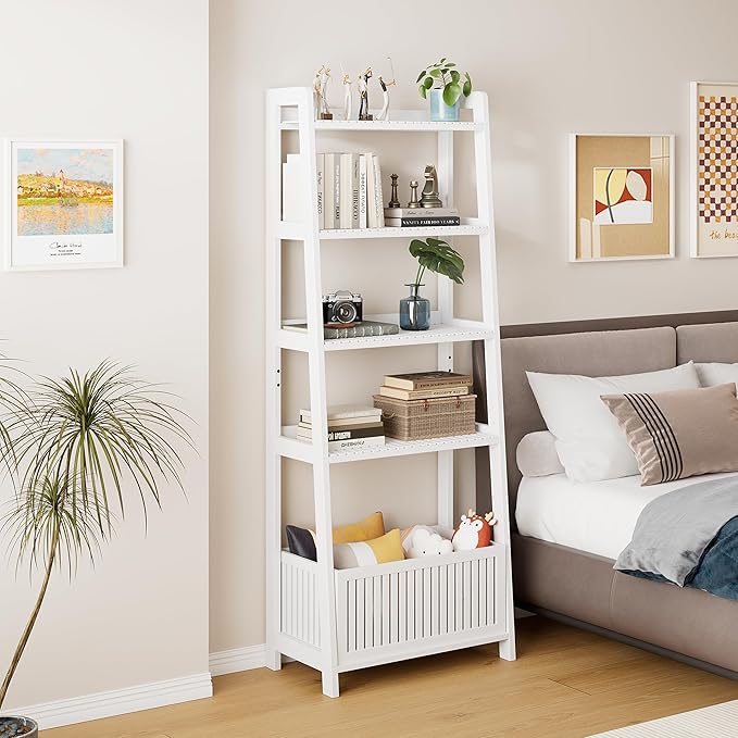 Bamjoy Bamboo White Bookshelf with Slatted Basket, Ladder Bookcase with 4 Display Shelves and 1 Open Storage Basket, Multifunctional Storage Rack Organizer for Home Office, Bedroom, Living Room, 66” H