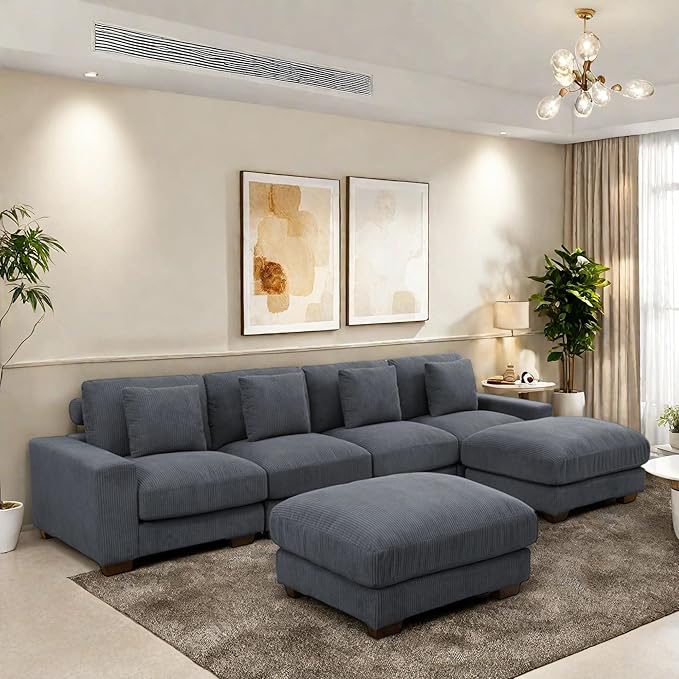 Sectional Couches for Living Room, Stylish Sectional Loveseat Sofa with Double Ottoman & Deep Seats, Living Room Furniture Home Sofa for Adults, Dove Gray