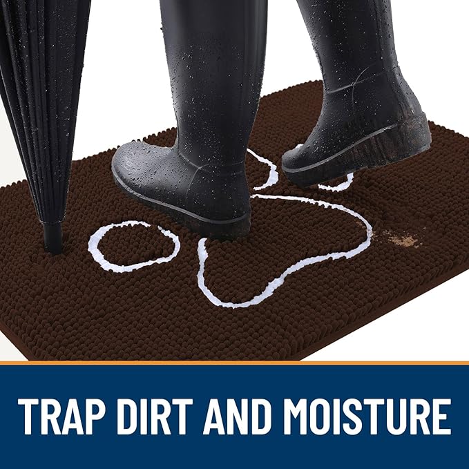 OLANLY Door Mat for Muddy Dog Paws 48x30, Ultra Absorbent Chenille Mud Doormat with Paw Print Design, Non-Slip Washable Doormat for Indoor Entryway, Quick-Dry Pet Bed Mats for Dirty Dogs, Brown