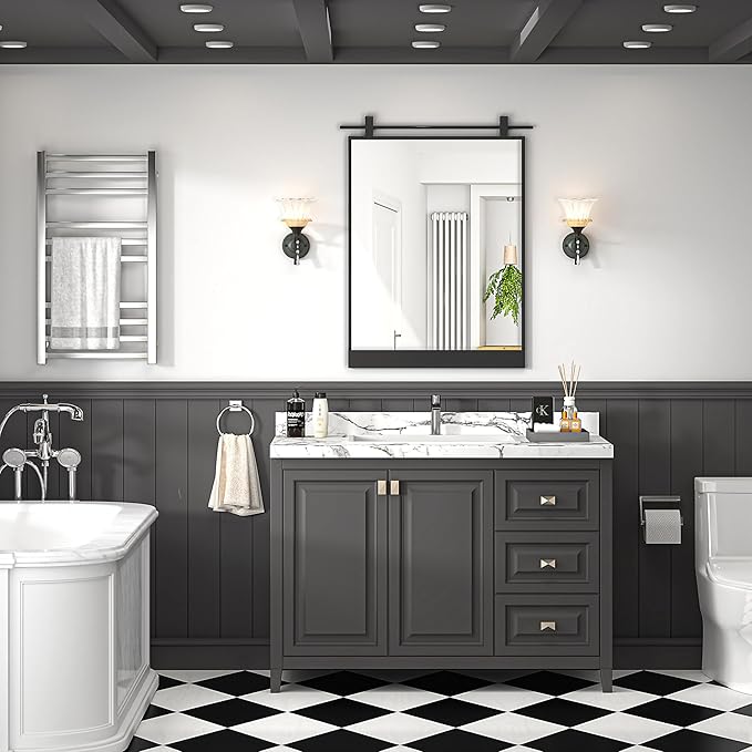 24x32 Inch Rectangle Bathroom Vanity Mirror for Wall Mounted Over Sink Farmhouse Rustic Matte Black Frame Barn Door Mirrors Foyer Entryway Decor
