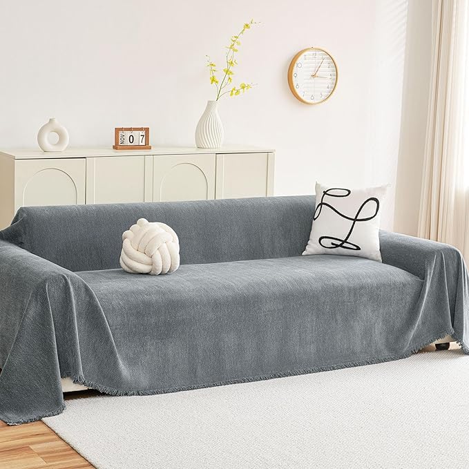 hyha Couch Cover for Dogs, Boho Sofa Covers for 3 Cushion Couch Washable, Chenille Sofa Slipcover for Pets, Soft Loveseat Sectional Couch Throw Blankets with Tassels (Grey, 88.5x150 Inch)