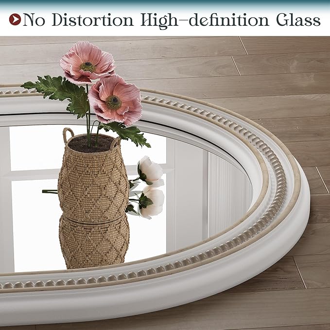 Farmhouse Oval Mirror Boho, 20" x 36" Antique Oval Bathroom Mirrors, Wooden Rustic Decorative Wall Mirror with Beaded for Bedroom, Living Room, Hallway, Vertical or Horizontal Hanging