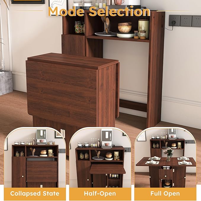 Ball & Cast Multifunctional Folding Dining Table with Wall-Mounted Sideboard & Storage,Wood Kitchen Island w/Four-in-one Socket and Silent Wheels,Space-Saving,Easy to Assemble,for Dining Room,Walnut