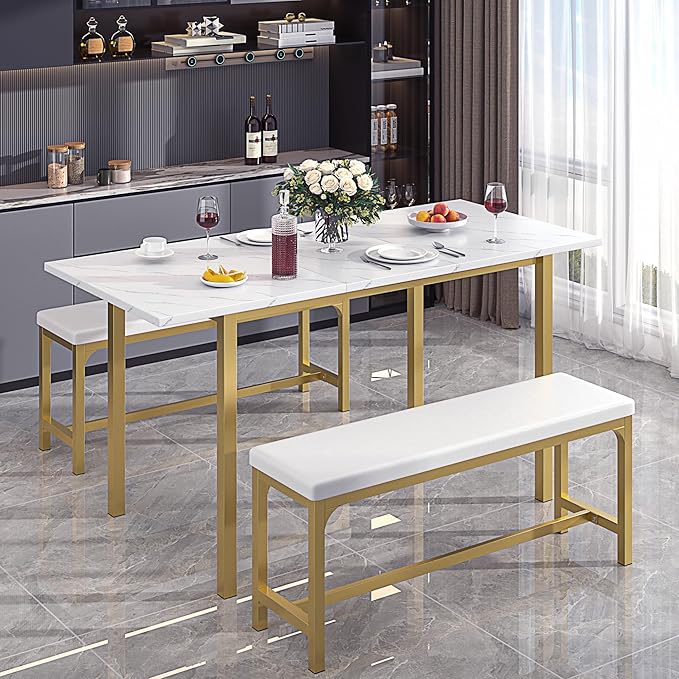 VECELO 3-Piece 63" Extendable Kitchen Table with Benches/Chairs, Modern Breakfast Dinette/Dining Room Set for 4/6/2, Small Space Saving Design, Easy Assembly