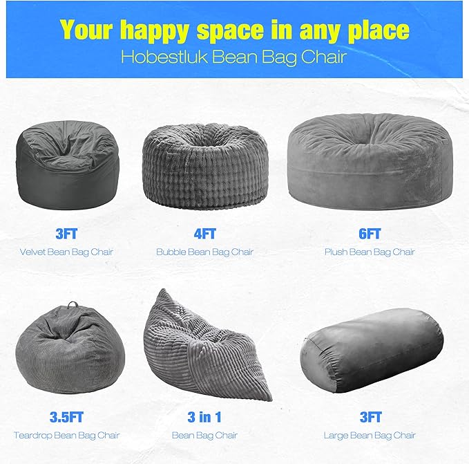 Hobestluk 3FT Bean Bag Chair Large Beanbag with Removable Cover Adult Bean Bag Chair with Portable Handle Desgin for Living Room Bedroom (Grey, 3FT)