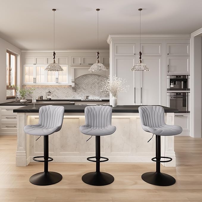 YOUNIKE 3 Grey Bar Stools Modern Swivel Counter Height Bar Chair with Back Adjustable Kitchen Island Faux Leather Padded Barstools taburetes de bar Breakfast sillas para barra de cocina 3PCS