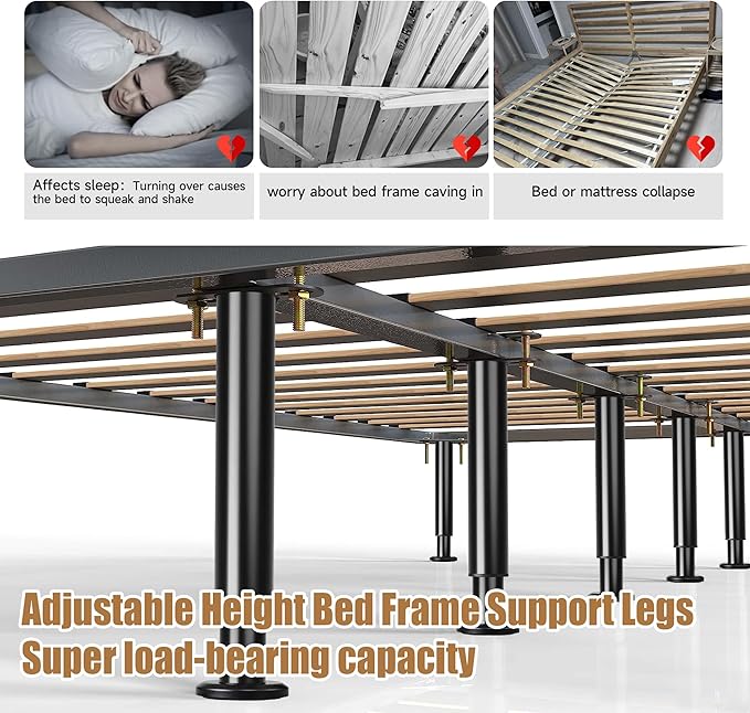 2 Pcs Adjustable Bed Frame Center Support Legs, Heavy Duty Cold Rolled Steel Bed Slat Support Legs With Wider Base, Bed Frame Leg Replacement, Furniture Support Reinforcement Kit, Height 7in To 12.6in