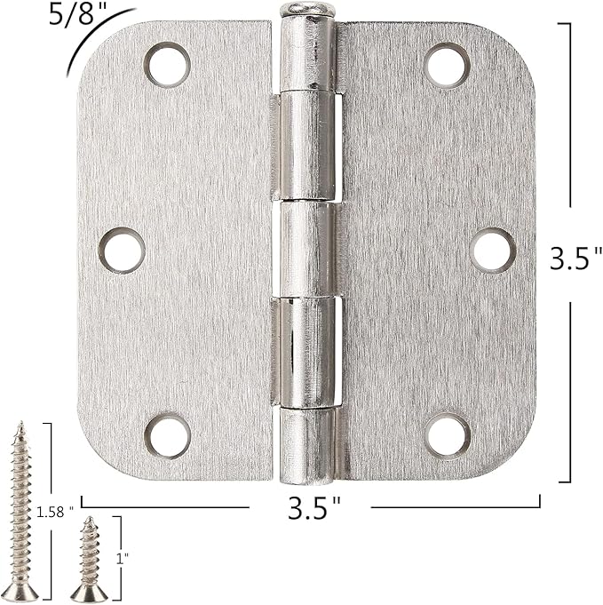 3 Pack Rounded Door Hinges Brushed Nickel 3.5 Inch 5/8" Radius Hardware Satin 3 ½" Heavy Duty Flat Iron Silver Hinge for Doors Kit Interior 3 1/2" Bedroom Kitchen Living Storage Study Room Hallway