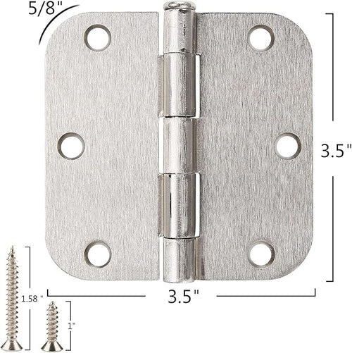18 Pack Interior Satin Nickel Door Hinges Brushed 3.5 Inch x 1/2" Rounded 5/8 Radius for Doors 3 ½ Inch Heavy Duty Steel Iron Hardware Fittings House Villa Cando Loft Room Ironmongery Sliver Hinge