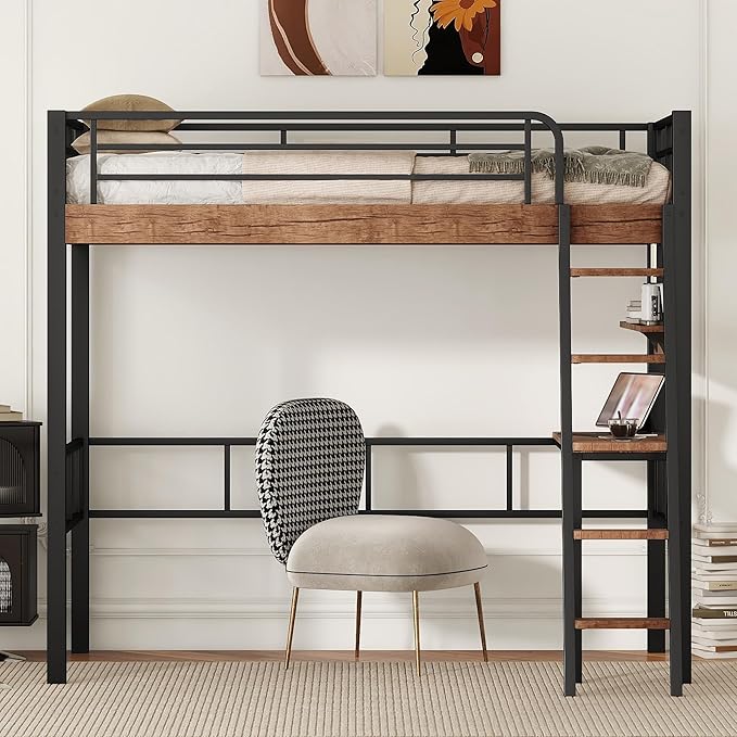 Metal Twin Size Loft Bed with Built-in Desk,Storage Shelf and Ladder,Full-Length Guardrails and Secured Metal Slats, High LoftBed W/Large Storage Space for Kids Teens Adults Bedroom,Black