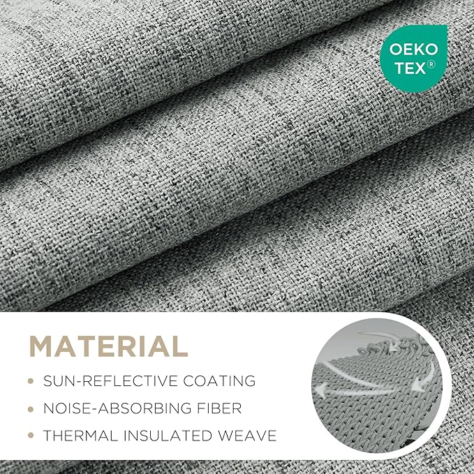 Joydeco 100% Blackout Curtains for Bedroom - Natural Linen Curtains 52" W x 72" L Long, Thermal Insulated 2 Panels Light Grey. Room Darkening Light Blocking Drapes for Living Room